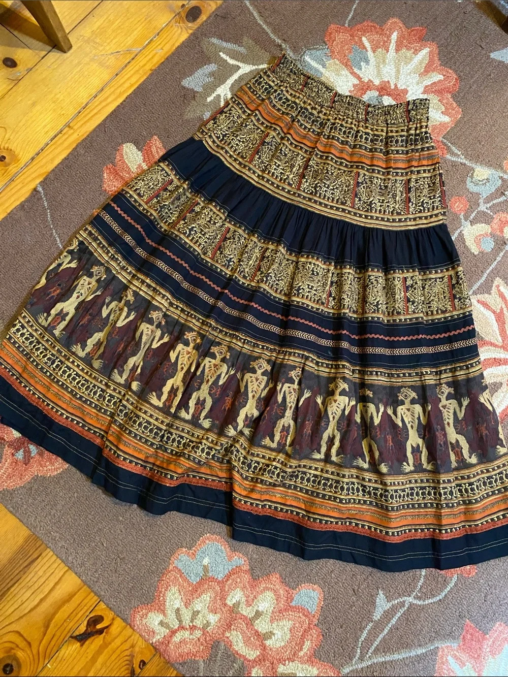 Vintage Rene Derhy Indian Tribal Print Tiered Rayon Maxi Skirt - Picture 1 of 6